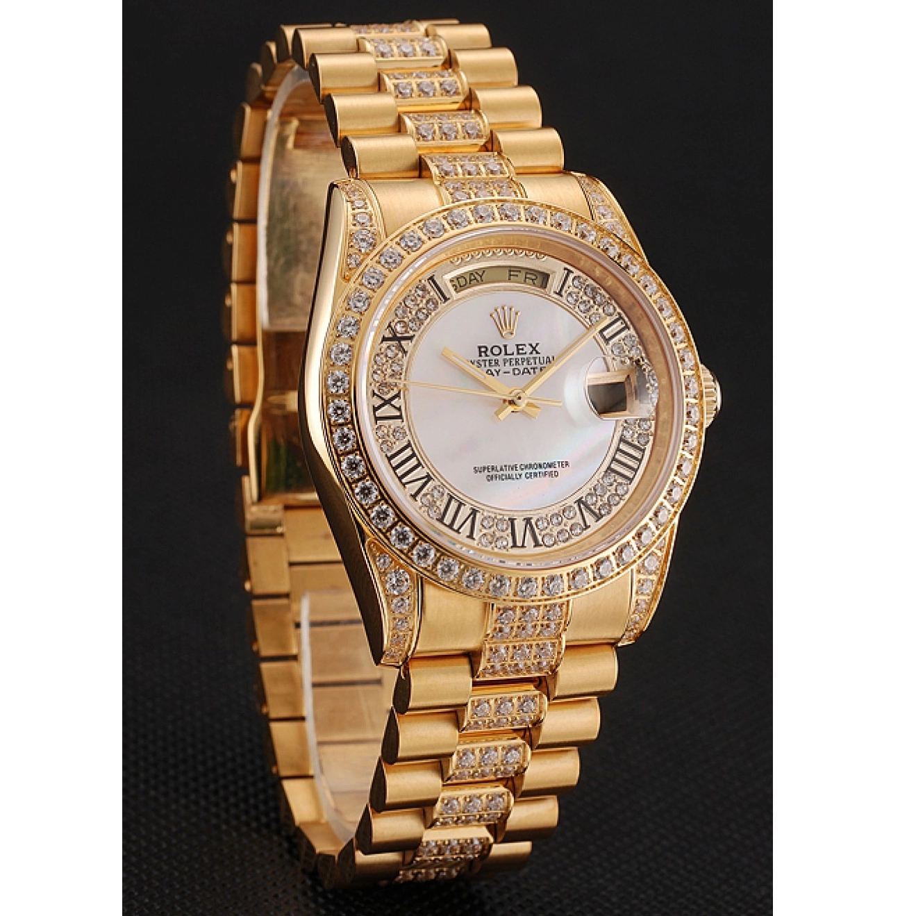 Aaa replica White Swiss 1453958 Diamond Gold Dial Bracelet Pave Day-Date Diamond Rolex 0825